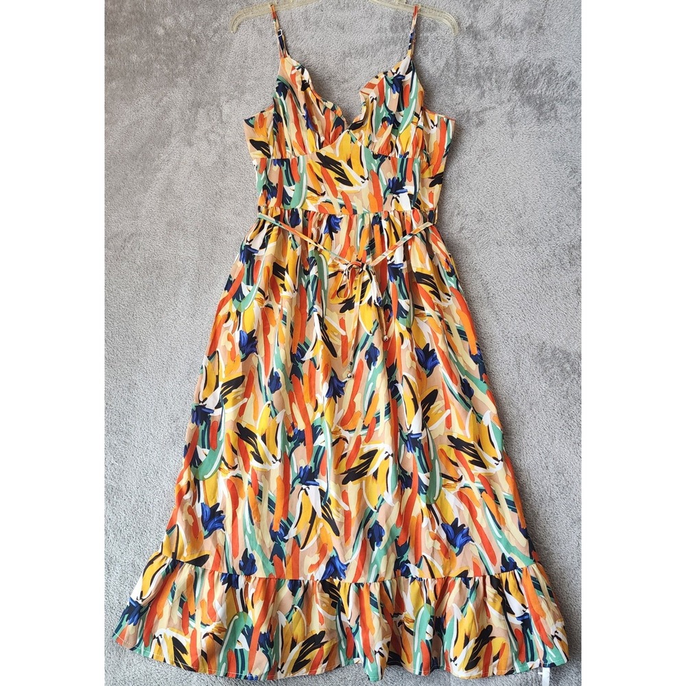 Sunfere Midi Dress Womens Medium Multicolor Abstract Print Ruffle Hem Tie Waist